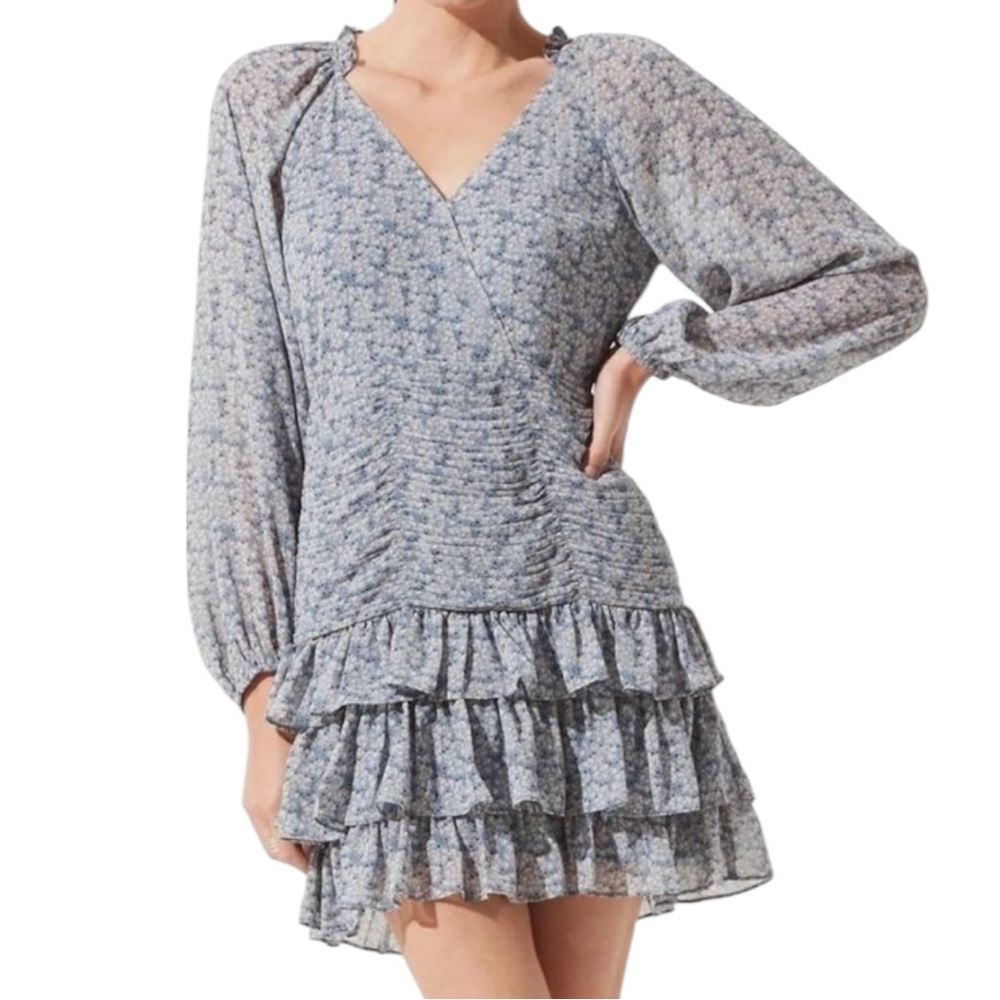 ASTR The Label NWT Women’s Tiered Ruffle Blue Floral Print Dress Sz S
